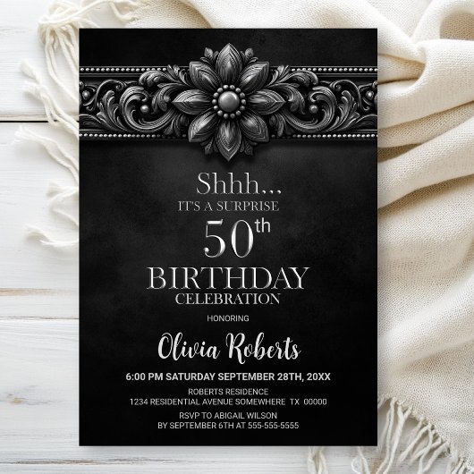 シルバー フラワー ブラック サプライズ 50歳の誕生日パーティー 招待状