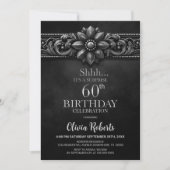シルバー フラワー ブラック サプライズ 60歳の誕生日パーティー 招待状 (正面)