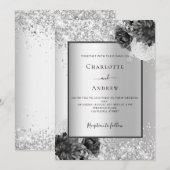 シルバー フラワー モノクロ ウェディング 招待状 (正面/裏面)