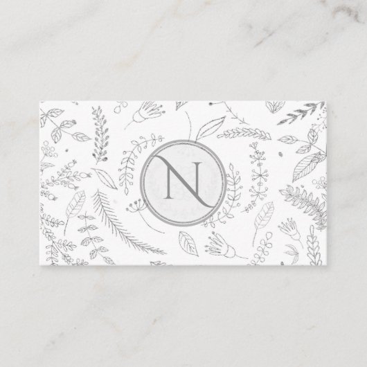 シルバー フローラル リーフ ラスティック ウェディング ボタニカル 名刺 (正面)