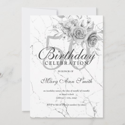 シルバー・フローラ50歳の誕生パーティー大理石 招待状 (正面)