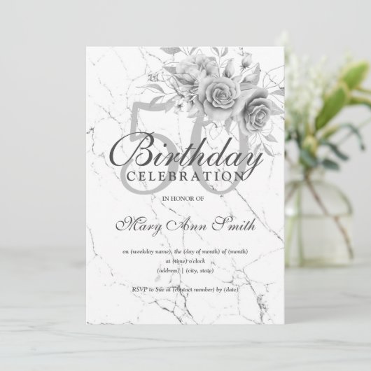 シルバー・フローラ50歳の誕生パーティー大理石 招待状 (スタンド正面)