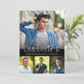 シルバー ブラシ グラデュエート 4 フォト コラージュ ブラック 招待状 (スタンド正面)