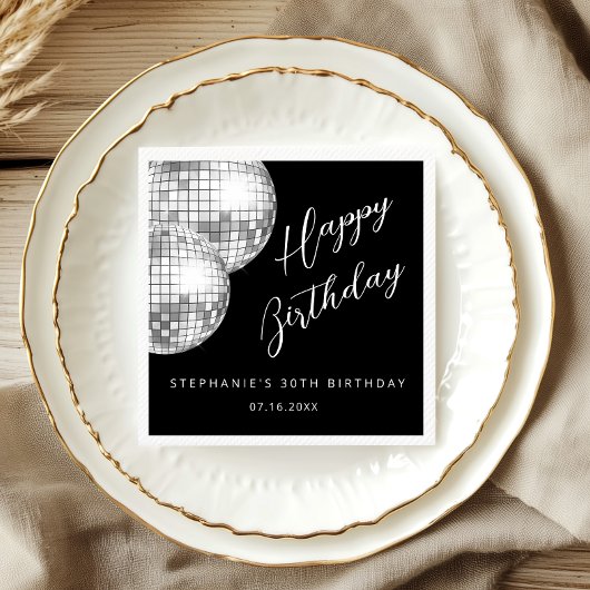 シルバー&ブラックのディスコボール大人の誕生日パーティー スタンダードカクテルナプキン