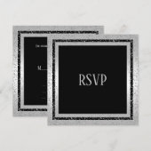 シルバー&ブラックのラメフレーム男性の誕生日RSVP (正面/裏面)