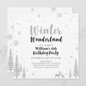 シルバー&ブラックウィンターワンダーランドボーイ誕生日 招待状 (正面/裏面)