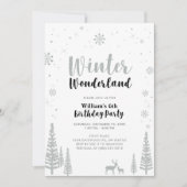シルバー&ブラックウィンターワンダーランドボーイ誕生日 招待状 (正面)