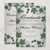 シルバー ブラックスクリプト グラデュパーティー付き卒業ツタ 招待状 (正面/裏面)