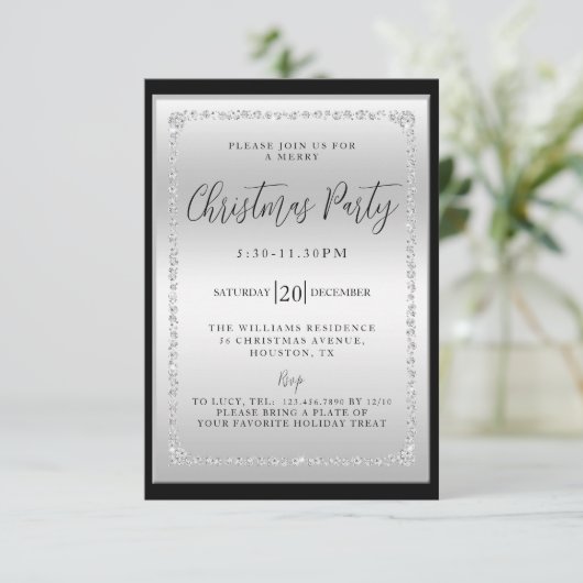 シルバー&ブラックダイヤモンドフレームのクリスマスパーティー 招待状 (スタンド正面)
