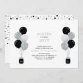 シルバー&ブラックバルーンアダルトモダンバースデーパーティー 招待状 (正面/裏面)