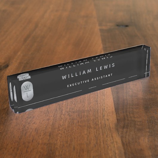 シルバー&ブラックモノグラムミニマモダンリスト デスクネームプレート (側面)