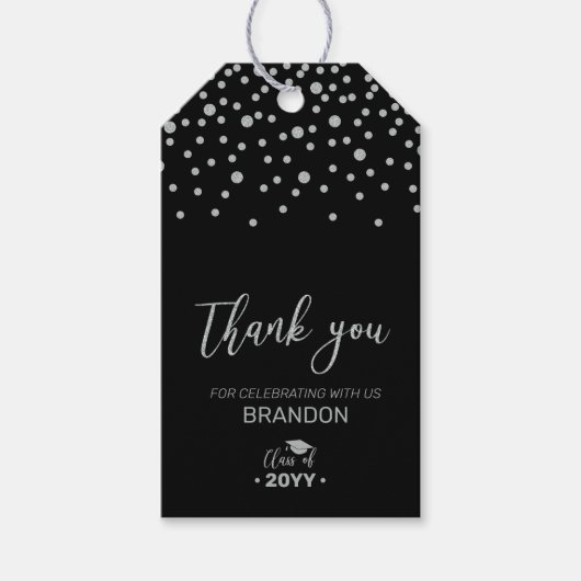シルバー&ブラック卒業モダンパーティーメッセージカード ギフトタグ (正面)
