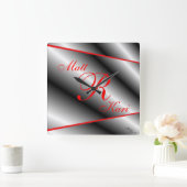 シルバー・ブラック・アンド・レッドモノグラムのクロックカスタマイズ スクエア壁時計 (ホーム)