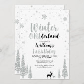 シルバー、ブラック・ウィンター・オーネダーランド1歳のパーティー 招待状 (正面/裏面)