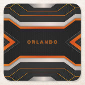 シルバー。ブラック、オレンジ色のジオメトリックゲーミングモノグラム スクエアペーパーコースター (正面)