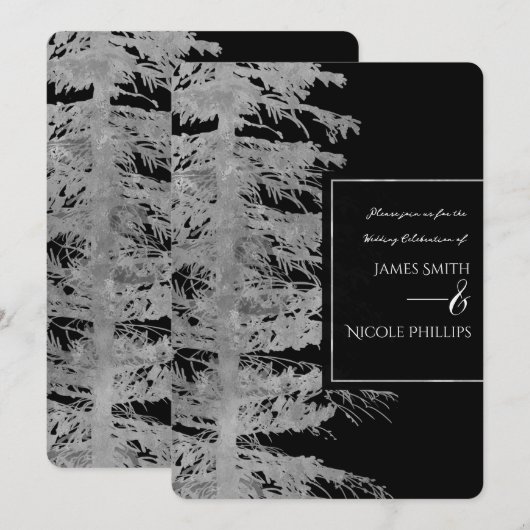 シルバー ブラック グラム パイン ツリー ラスティック フォレスト ウェディング 招待状 (正面/裏面)