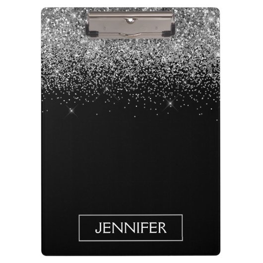シルバー ブラック グリッター ガーリー モノグラム ネーム クリップボード (正面)