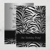 シルバー & ブラック ゼブラ 21歳の誕生日パーティー 招待状 (正面/裏面)