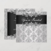 シルバー ブラック ダマスク ブラック ダマスク パーティー 招待状 (正面/裏面)