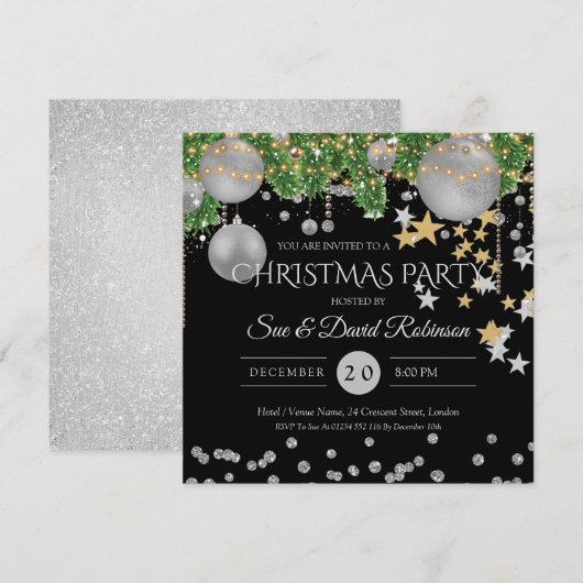 シルバー ブラック デコ クリスマス ホリデー パーティー 招待状 (正面/裏面)