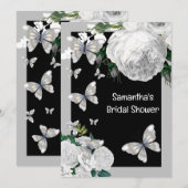 シルバー ブラック ホワイト エレガント ローズ ブライダル パーティー 招待状 (正面/裏面)