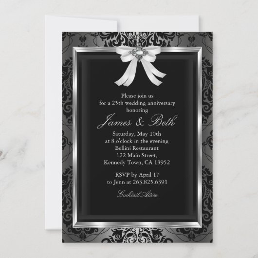 シルバー ブラック ボウ & ダマスク 25周年 結婚記念日 招待状 (裏面)