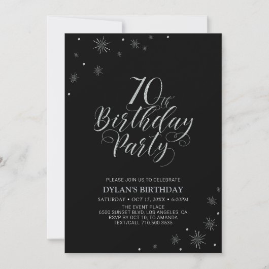 シルバー & ブラック | モダンでおしゃれな70歳の誕生日パーティー 招待状 (正面)