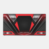 シルバー、ブラック、レッドのジオメトリックゲーミングモノグラム デスクマット (正面)