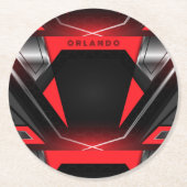 シルバー、ブラック、レッドのジオメトリックゲーミングモノグラム ラウンドペーパーコースター (正面)