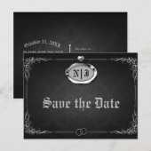 シルバー ブラック ヴィンテージ ゴシック ウェディング セーブ ザ デート 案内ポストカード (正面/裏面)