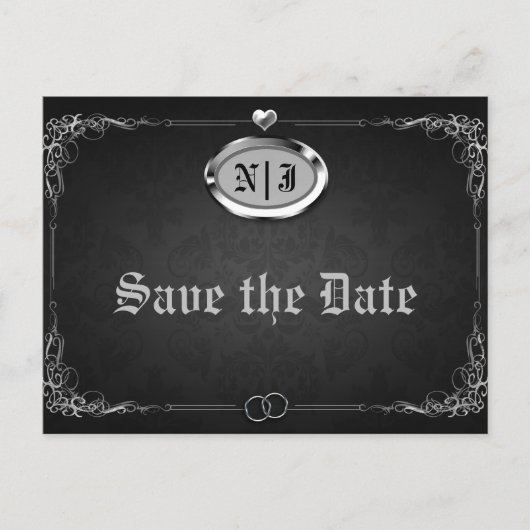 シルバー ブラック ヴィンテージ ゴシック ウェディング セーブ ザ デート 案内ポストカード (正面)