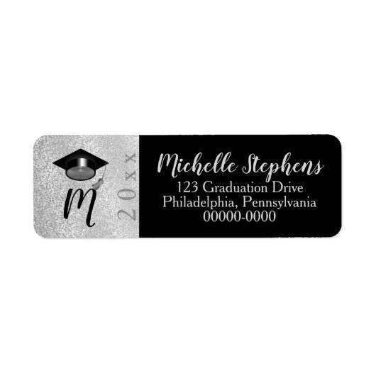 シルバー | ブラック 偽のグリッター 卒業帽 年間 モノグラム ラベル (正面)