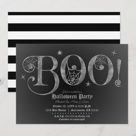 シルバー＆ブラック BOO 高級ハロウィンパーティー 招待状 (正面/裏面)