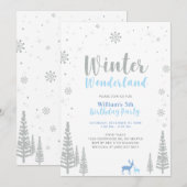 シルバー&ブルーのウィンター ワンダーランドの男の子の誕生日 招待状 (正面/裏面)