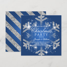 シルバー＆ブルーのグリッター雪の結晶クリスマスパーティー 招待状