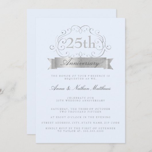シルバー&ブルーの結婚25周年招待状 招待状 (正面/裏面)