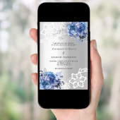 シルバー・ブルーの花柄レースのウェディング 招待状