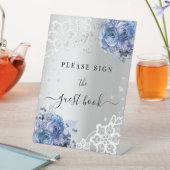 シルバー ブルーの花模様のレースのゲストブックサイン 台座サイン (インサイチュ)