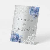 シルバー ブルーの花模様のレースのゲストブックサイン 台座サイン (正面)