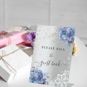 シルバー ブルーの花模様のレースのゲストブックサイン 台座サイン
