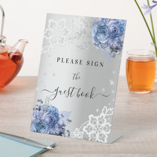シルバー ブルーの花模様のレース ゲストブック サイン (インサイチュ)