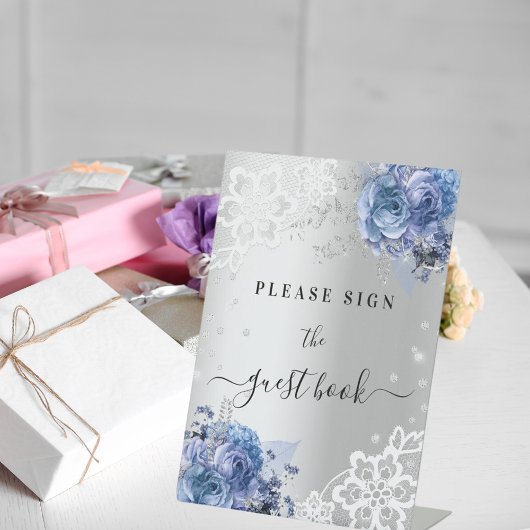 シルバー ブルーの花模様のレース ゲストブック サイン