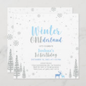 シルバー&ブルーウィンターオネダーランド1st第1誕生日 招待状 (正面/裏面)