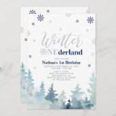 シルバー&ブルーウィンターオーネダーランド1歳のパーティー 招待状 (正面/裏面)