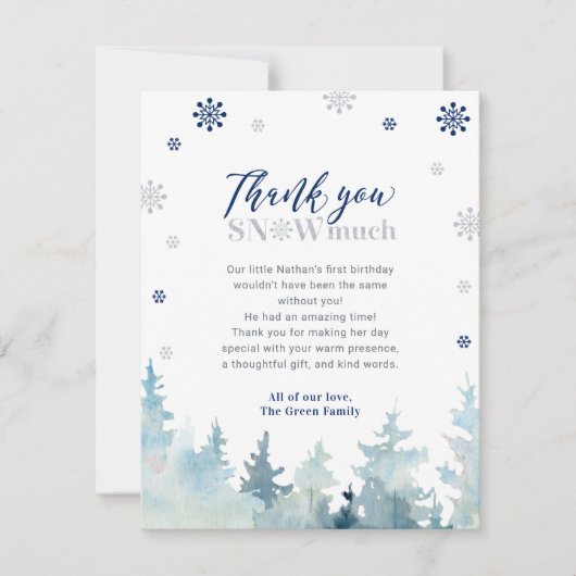 シルバー&ブルーウィンターワンダーランド写真ありがとう サンキューカード (正面)