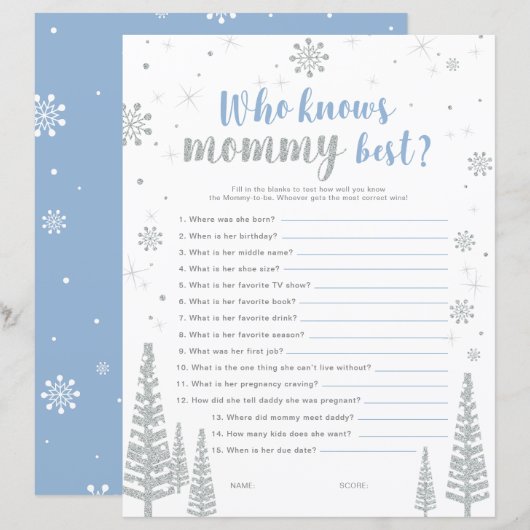 シルバー&ブルーウィンターワンダーランド赤ちゃんシャワーゲーム (正面/裏面)