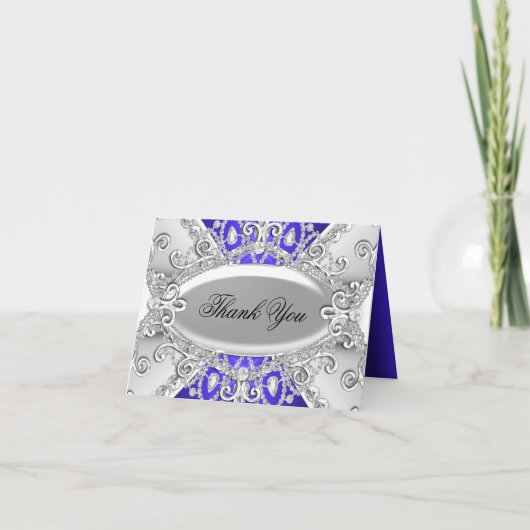 シルバー&ブルーダイヤモンドダマスクサンキューカード サンキューカード (正面)
