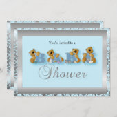 シルバー&ブルーダマスクテディベア | 赤ちゃんシャワー 招待状 (正面/裏面)