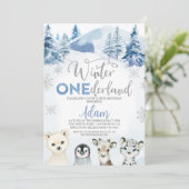 シルバー ブルー ウィンター アニマル ワンダーランド 1歳 誕生日 招待状 (スタンド正面)