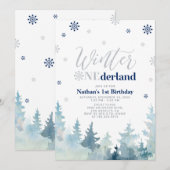 シルバー&ブルー ウィンター ワンダーランド 1歳の誕生日パーティー 招待状 (正面/裏面)